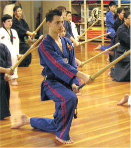 Group of adults in kneeling taekwondo pose with sticks at Transcending Martial Arts